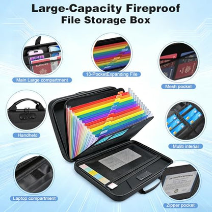 Portable Fireproof Document Box, 13-Pocket Accordion File Organizer, Lock-Safe Hard Case with Handle, Waterproof Folder for Important Documents, Cash, Home & Office