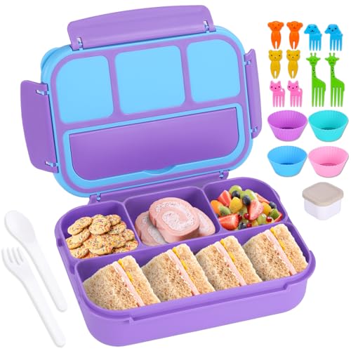 shell and turtle Bento Box for Kids Girls Boys, Bento Box Adult Lunch Box with 4 Compartments, Lunch Containers with Utensils, Sauce Jar, Muffin Liners for School, 40 Oz/5 Cup, Purple - color: Purple