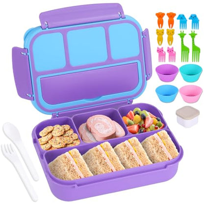shell and turtle Bento Box for Kids Girls Boys, Bento Box Adult Lunch Box with 4 Compartments, Lunch Containers with Utensils, Sauce Jar, Muffin Liners for School, 40 Oz/5 Cup, Purple - color: Purple