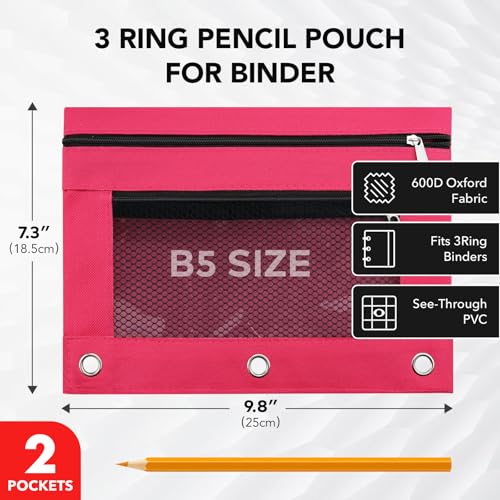 3 Ring Pencil Pouch for Binder, 2-Pocket Zipper Pencil Case with Clear Window & Mesh Pocket, 600D Oxford Fabric Binder Pouch for School Office Supplies, Fits Standard 3-Ring Binders, Rose Red - color: Rose Red