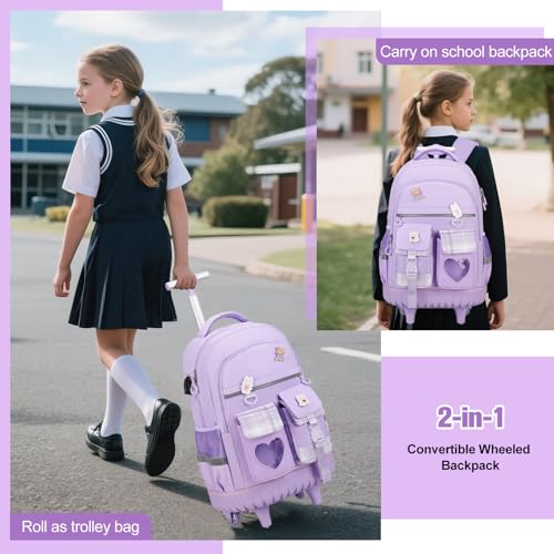 ACESAK Rolling Backpack for Girls - Roller Wheels School Bookbag with Lunch Bag & Pencil Pouch for Teen Girls Kids Wheeled Suitcase Backpacks, Elementary Middle School Travel Daypack (Purple) - color: Purple