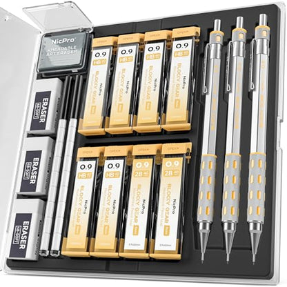 Nicpro Blocky Gear 0.9 mm Mechanical Pencils Set in Case, 3 Pack Metal Pencil 8 Tube with Lead Refills 0.9mm (HB 2B), 3 Erasers for Professional & Adult Art Writing Drafting Drawing - style: 0.9mm