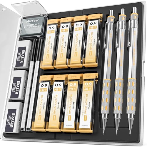 Nicpro Blocky Gear 0.9 mm Mechanical Pencils Set in Case, 3 Pack Metal Pencil 8 Tube with Lead Refills 0.9mm (HB 2B), 3 Erasers for Professional & Adult Art Writing Drafting Drawing - style: 0.9mm