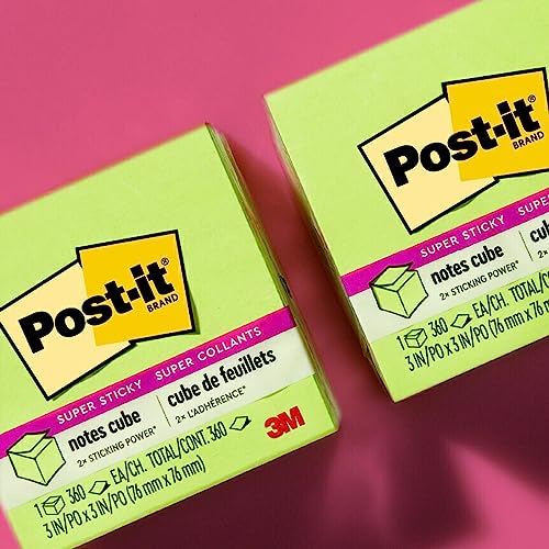 Post-it Super Sticky Notes, 3 in x 3 in, 1 Cube, 2X the Sticking Power, Bright Colors, Recyclable (2027-SSGFA) (Pack of 2) - size: 3" x 3" (Pack of 2)
