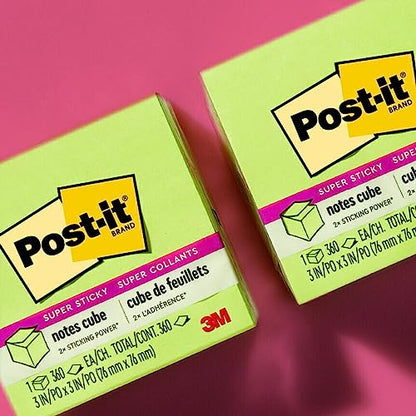 Post-it Super Sticky Notes, 3 in x 3 in, 1 Cube, 2X the Sticking Power, Bright Colors, Recyclable (2027-SSGFA) (Pack of 2) - size: 3" x 3" (Pack of 2)