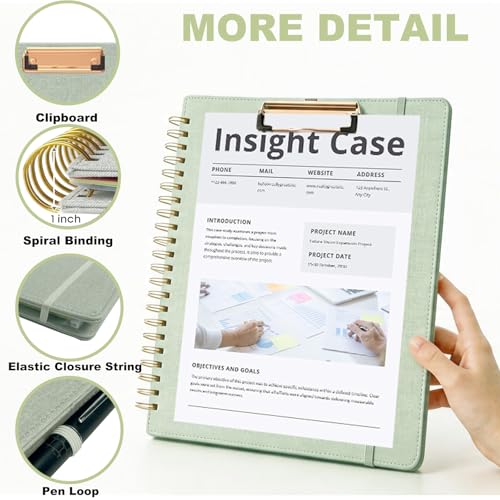 Sauge Foldable Spiral Clipboard Folio with Storage Zipper Pouch, 5 Plastic Folders with Pockets,Refillable Lined Notepad (8.5" x 11"), Hardcover Project Organizer with 36 Stickers - color: 1-sauge
