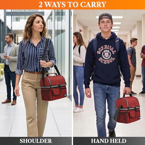 opux Insulated Lunch Bag Women Men, Dual Compartment Leakproof Lunch Box Adults Kids, Double Decker Meal Prep Bento Lunch Cooler Tote with Shoulder Strap for Work Office School Travel, Red - color: Heather Red