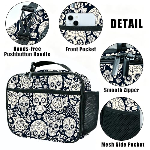 Skull Lunch Bag Insulated Reusable Lunch Box Kids Girls Boys Cooler Thermal Tote Bag For Men Women School Work Picnic - color: Skull