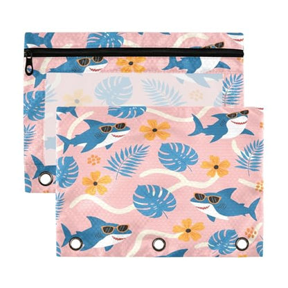 Blueangle Tropical Leaf Shark Pencil Pouch for 3 Ring Binder, 2 Pack Clear Window Zipper Pencil Bags for Office