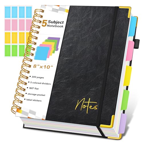 5 Subject Blank Notebook with Removable Dividers Tabs, 300 Pages Hardcover Leather Sketch Book Spiral Journal, 8"x10" B5 Large Sketchbook Notebooks for Women Men Work School Sketching Drawing, Black - color: Black, size: B5-Sized Blank Pages
