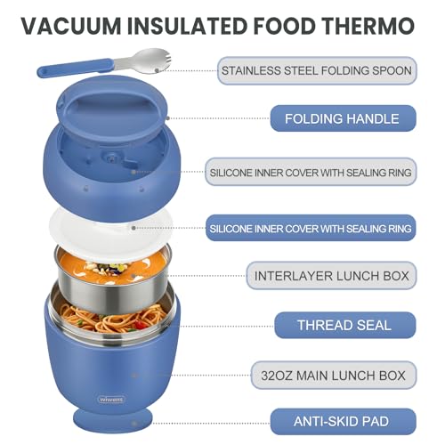 wiwens Thermo Food Jar for Hot Food Adults 32OZ Soup Thermo Lunch Containers Wide Mouth Vacuum Insulated Stainless Steel Leakproof Bento Box with Spoon - color: Blue3