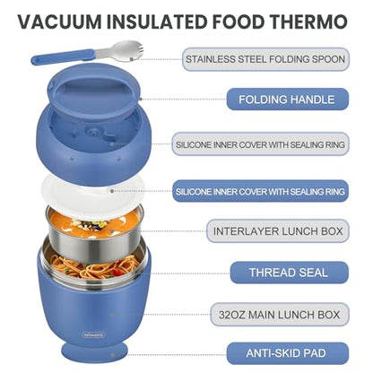 wiwens Thermo Food Jar for Hot Food Adults 32OZ Soup Thermo Lunch Containers Wide Mouth Vacuum Insulated Stainless Steel Leakproof Bento Box with Spoon - color: Blue3