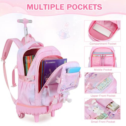 FIXITOK Rolling Backpack for Girls, Kawaii Bunny Roller Wheels School Backpacks with Lunch Bag Pencil case, Wheeled Suitcase Bookbag for Elementary Travel Dreamy-Pink - color: Dreamy-pink