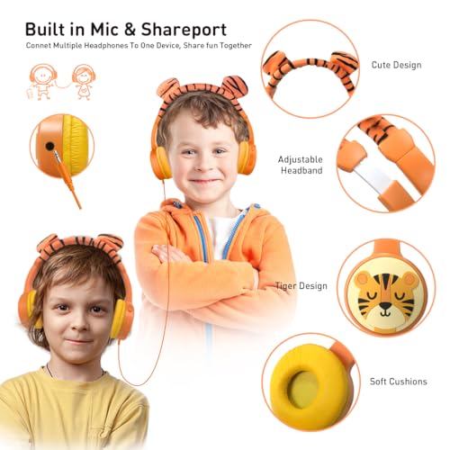 Kids Bluetooth Headphones, Wireless Headphone for Kids, 85dB Volume Limited, Built-in Mic, 3.5mm Aux Cord, Boys Girls Tiger Headset for School/Travel/Airplane - style: Tiger