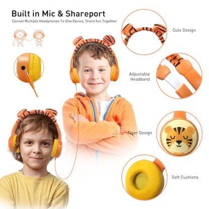 Kids Bluetooth Headphones, Wireless Headphone for Kids, 85dB Volume Limited, Built-in Mic, 3.5mm Aux Cord, Boys Girls Tiger Headset for School/Travel/Airplane - style: Tiger