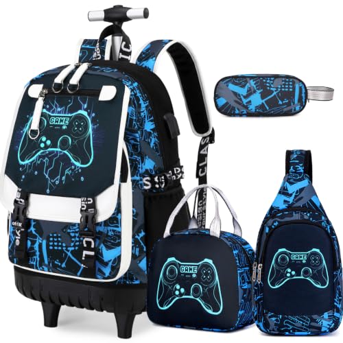 Bevalsa Rolling Backpack for Boys, Roller Backpack with Wheels, Wheeled School Bag with Sling Bag, Lunch Box & Pen Case for Kids Children Teens Elementary Middle Student Glow In The Dark - color: Blue Game
