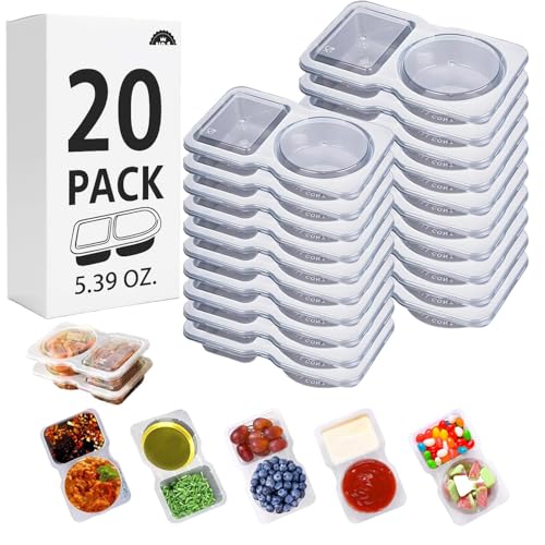 20 Sets Reusable Snack Containers Double Compartment Snackle Box Container with Lids - Leak-Proof BPA-Free Food Storage, Condiments Portion Control Dip Cups for Kids School Lunches, Meal Prep, Takeout - color: Transparent 20-pack