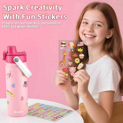 baab 18oz Kids Water Bottle, Insulated Kids Water Bottle with Lockable Spout Lid & Stickers, 18/8 Stainless Steel Vacuum Leakproof Kid Water Cup with Handle for Boy Girl & School (Rose Pink, 1 Pack) - color: Rose Pink, size: 18 Ounces
