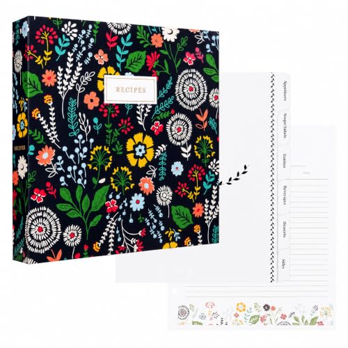 Jot & Mark 8.5"" x 11"" Sturdy 3 Ring Recipe Binder with Spill-Proof Clear | 50 Recipe Cards + 25 Sleeve Protectors + 5 Full-Page Sleeves + 6 Tabs | 8.5x11 | Pinwheel Floral - color: Pinwheel Floral, size: 8.5" x 11"