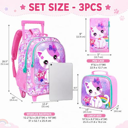 gxtvo Girls Rolling Backpack, Cute Cat Roller Wheels Kids Bookbag - Wheeled Elementary School Bag - 3PCS Cat - color: Uv Printing White Cat Rolling Backpack
