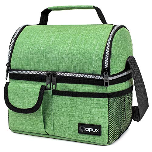 opux Insulated Lunch Bag Women Men, Dual Compartment Leakproof Lunch Box Adults Kids, Double Decker Meal Prep Bento Lunch Cooler Tote with Shoulder Strap for Work Office School Travel, Green - color: Heather Green
