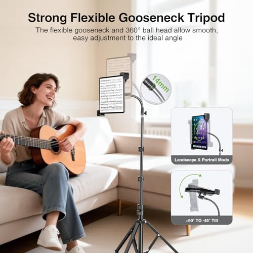 elitehood Diagonal iPad Tripod Stand, 72in Gooseneck Tablet Floor Stand | Quick Lock & Easy Use Diagonal iPad Holder, Heavy Duty Aluminum Tall iPad Stand for Pro 13 11, Mini, Air and 9-13" Tablets - size: 9–13" · Diagonal Clamp
