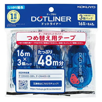 KOKUYO Glue Tape Refill for Scrapbooking, 3 Pack 52.5 Ft x 0.33 in Double Sided Tape Roller for Crafts, Blue Dot Pattern Tape Runner, Adhesive Scrapbook Supplies. (TA-D400-08NX3)