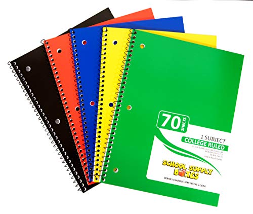 College Ruled Spiral Notebooks - 5pk School Supply Bundle - Ruled Paper for Elementary School Students - Bulk Office Supplies - Assorted Colors: Red, Green, Yellow, Blue, Black