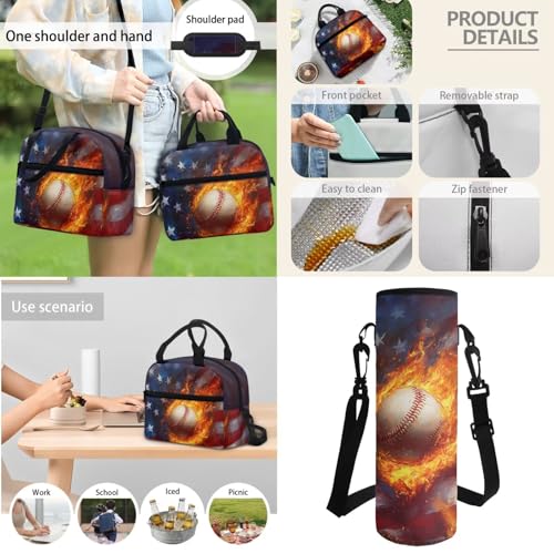 Horeset Baseball Flame American Flag Backpack for Kids Boys Travel Casual Backpack with Picnic Lunch Box Water Holder Case Primary Elementary School Bag Bookbag Set of 3Pcs 5-8 8-10 Years - color: Baseball Flame American Flag