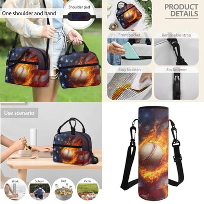 Horeset Baseball Flame American Flag Backpack for Kids Boys Travel Casual Backpack with Picnic Lunch Box Water Holder Case Primary Elementary School Bag Bookbag Set of 3Pcs 5-8 8-10 Years - color: Baseball Flame American Flag