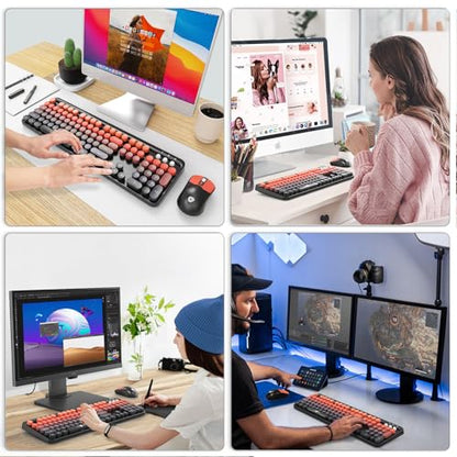 Wireless Keyboard and Mouse Combo, 2.4GHz Colorful Cute Round Keycaps Keyboard for Office Computer PC Desktops Laptop (2050-Red Black) - color: 2050-Red Black