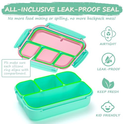 QQKO Bento Box for Kids Adults, School Toddler Lunch Box for Boys Girls, Lunch Box Containers with 4 Compartments, Sauce Container, Utensils, Food Picks and Muffin Cups for School, Pink Green - color: Pink Green