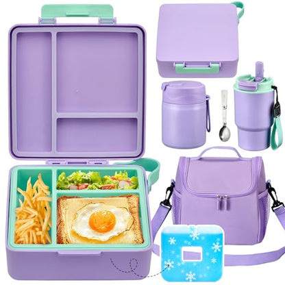 Pawtong Lunch Box Set with Bento Box Container, 17OZ Stainless Steel Food Soup Thermo, Kids Water Bottle & Portable Insulated Lunch Bag – Leakproof, Hot/Cold Retention for School, Travel (Purple) - color: Purple