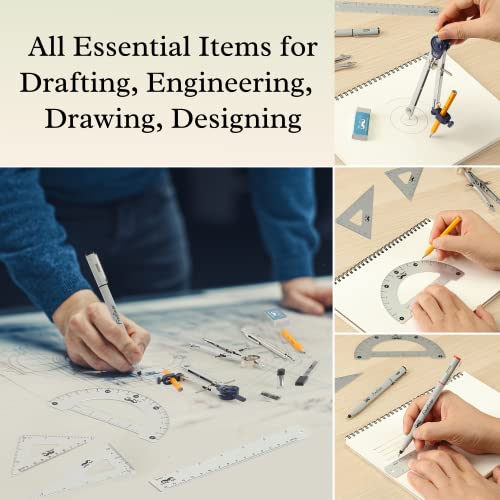Mr. Pen- Professional Geometry Set, 15 pcs, Drafting Tools with Protractor | Compass, Metal Ruler, Triangles, Pens & Pencils, Complete Geometry & Drafting Kit for Architects, Engineers & Students - color: Silver