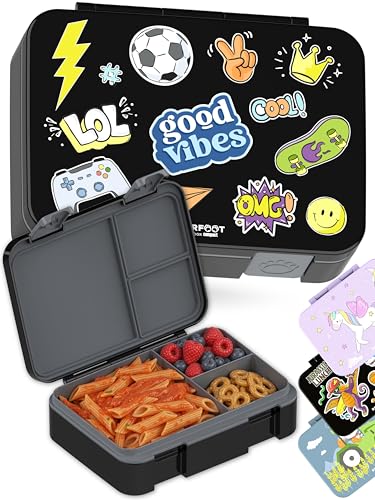 BEARFOOT Kids Lunch Box with Compartments – Compact & Lightweight | Leak-Proof, BPA-Free, Dishwasher Safe | Hand-Drawn Design for Preschool, School, Travel (Sticker Black, 4 Cups) | BPA Free Leakproof Lunch Box with Compartments School & Nursery for Girls