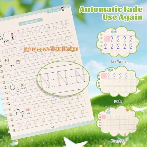 Handwriting Book Practice for Kids,Reusable Grooved Handwriting Workbooks | Magic Grooved Writing Practice for Kids Age 3-5 - size: 5.1inx7.1in