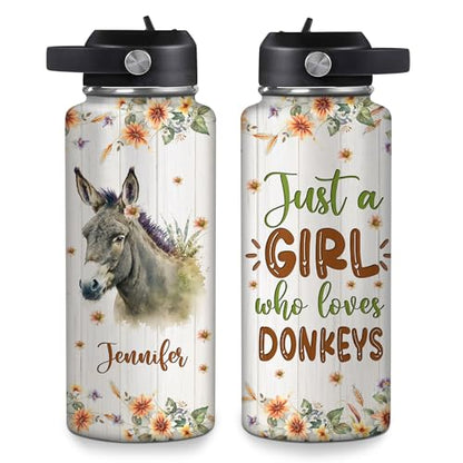 Hyturtle Personalized Donkey Water Bottle - Custom Name Insulated Stainless Steel Bottle with Leak-Proof Lid 18oz 32oz - Animal Lover Gift for Women Girls Donkey Lovers - Birthday & Christmas Gift - color: Donkey