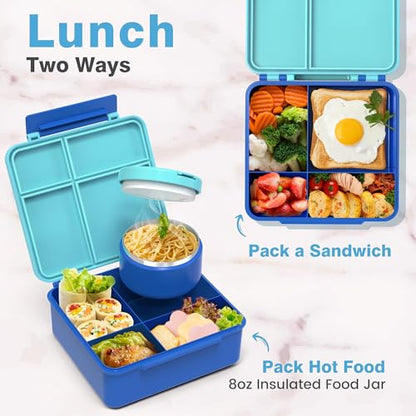 HOMEKOL Bento Lunch Box Set for Kids, Blue | with Stainless Steel Insulated Food Jar, Plastic Water Bottle, Bag and Silicone Spoon and Fork for Boys Girls - color: Blue