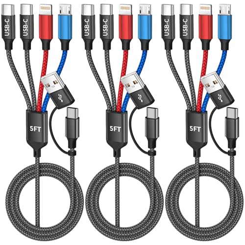 Travel 4 in 2 Charging Cable with Dual Type-C Port, USBA/C Multi Charging Cable Cords for Multiple Devices, Multiple Phone Charger Cord for iPhone17-8, Android, iPad, Car Accessories (3Packs 5FT) - color: Multicolored, size: 3Pack 5FT