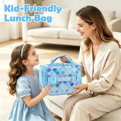 FlowFly Kids Lunch Bag, Durable Insulated School Lunch Box with Shoulder Strap and Bottle Holder, Water-resistant Thermal Small Lunch Cooler Tote for Teen Boys & Girls,Mermaid - color: Mermaid