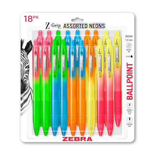 Zebra Pen Z-Grip Ombre Neon Retractable Ballpoint Pen, Black, 1.0mm, 18-Pk | Smooth Writing, Medium Point Tip, Ideal for Planners, Note-Taking, School and Office Supplies, and Everyday Writing (23018) - color: Black Ink Neon Barrel B