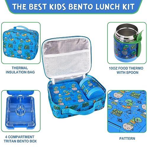 Pawtong Bento Lunch Box Set With 10oz Soup Thermo, Leak-proof Lunch Containers with 4 Compartment, Kids Hot Thermo Food Jar/Insulation Lunch Bag, Food Containers for School（Dinosaur） - color: Blue-Tyrannosaurus Rex