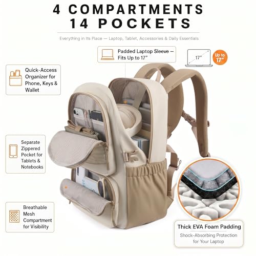 LOVEVOOK Commuter Laptop Backpack with Honeycomb Mesh Back & Ergonomic Padded Straps, 15.6" Water Resistant Travel Bag, Nurse Teacher Office Daily Commute with Accessory Pouch - color: Beige - Light Pink, size: 15.6 Inch