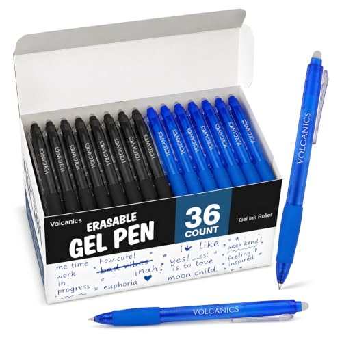 Volcanics Retractable Clicker Erasable Gel Pens - 0.7mm Ball Point, Heat Erase with Built-in Eraser, 36 Pack Blue and Soft Black - color: Blue and Black