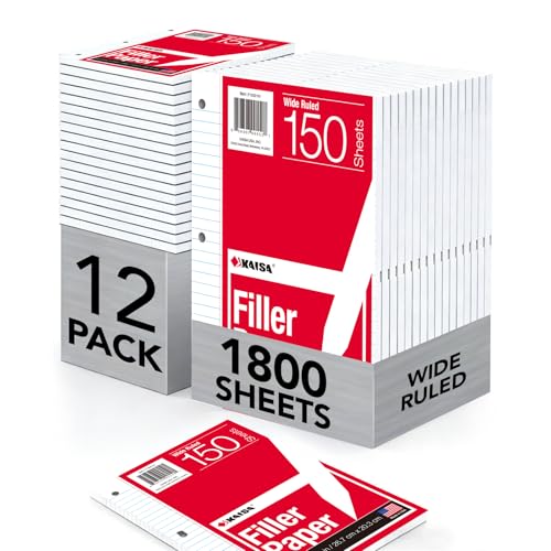 Kaisa loose Leaf Paper Filler Paper 1800 Sheets 8"x10.5",Wide Ruled, 3-Hole Punched for 3-Ring Binders, Carton of 12pack - color: Wide, size: 12pack
