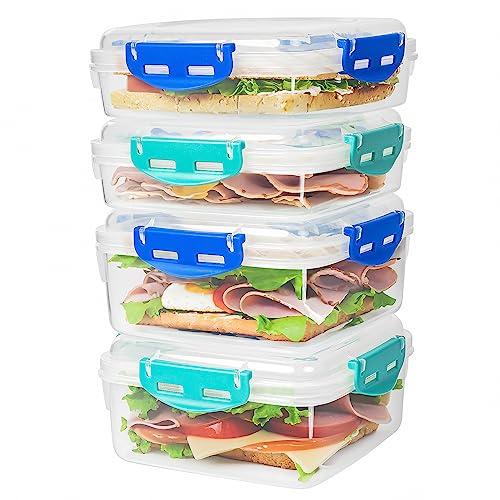 4 PCS Sandwich Containers - 100% Airtight & BPA-Free & Microwave & Dishwasher Safe Kitchen Storage Containers with Upgraded Snaps, 2 heightened Containers for Lunch Boxes and 2 normal version | Kitchen food Storage Containers with Upgraded Snaps lids, 2 h