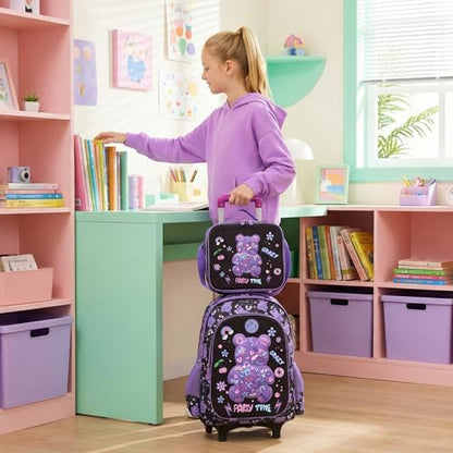 Rolling Backpack for Girls Backpack with Wheels for School Kids Cute Bear Kids Wheeled School Bag 3PCS Set with Lunch Box Pencil Case,Elementary Trolley Bookbag for School Travel - color: Black Purple Bear