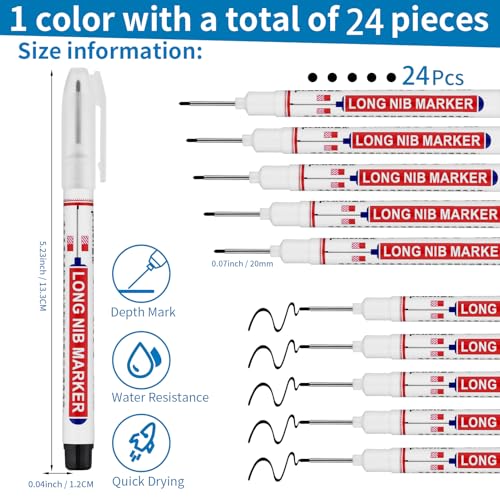 24 PCS Long Head Deep Hole Marker Pens,20mm Long Nib Marker,Longs Nose Markers,Waterproof Construction Markers Marking Tool,Permanent Markers Carpenter Ink marker Pens,Metal marking Pens,Black - color: 24PCS-20MM Black