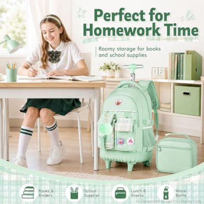 gxtvo 3PCS Womens Rolling Backpack for Girls, Wheeled Bookbag with Lunch Box for Adults, Water Resistant Roller School Bag for College Teens Kids Travel - Green - color: 3pcs Set Green