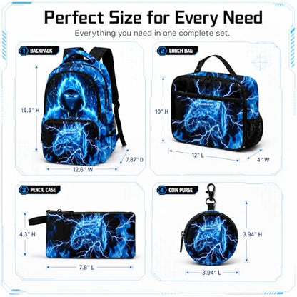 Game Backpack Set for Boys Kids, Gaming Kids Boys Backpack with Lunch Box, Pencil Bag and Coin Purse. Game School Bag 17" (Blue) - color: Blue-2